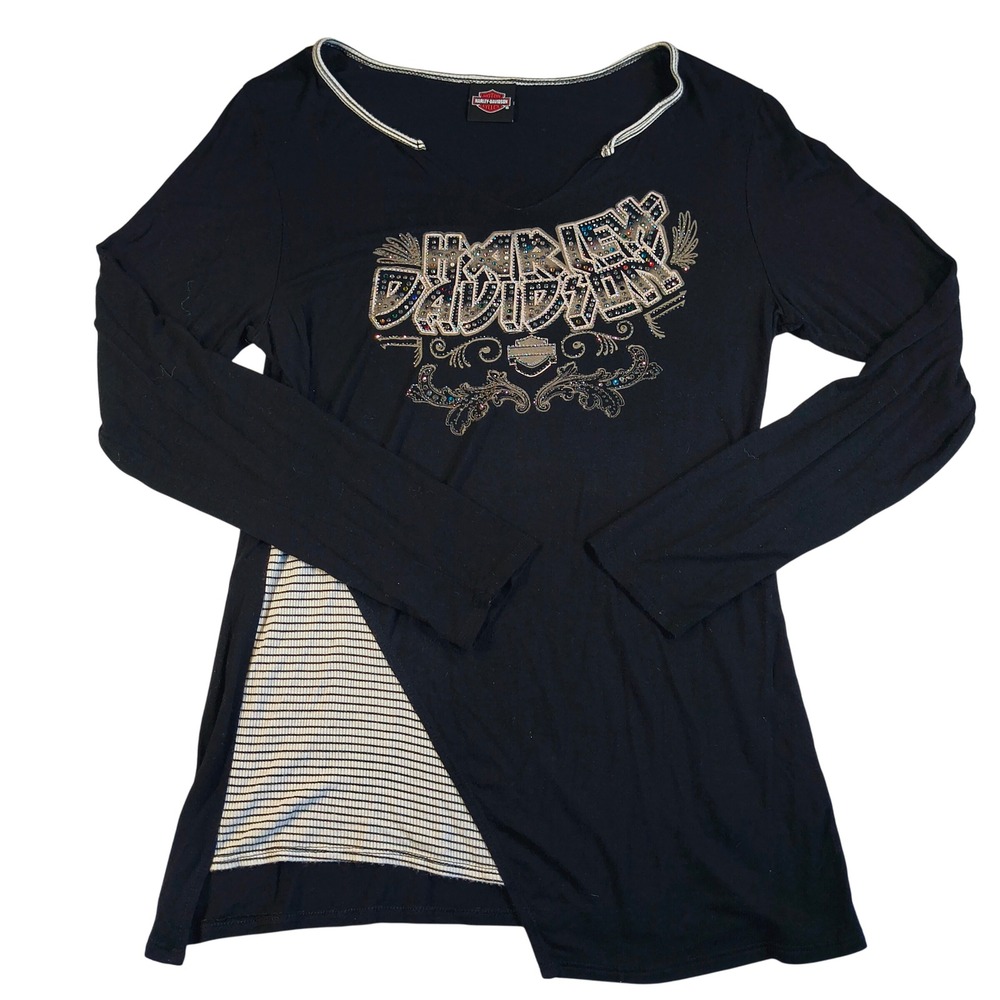 Harley Davidson Bling Embellished‎ Graphic Top Womens XL Long Sleeve Asymmetric